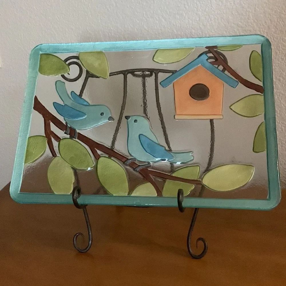 Blue Birds Glass Art 11 Inches X 16 Inches Heavy Metal Display Stand Included - Picture 9 of 9